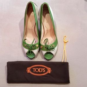Tod's Canvas and Leather Peep Toe High Heel Shoe 7